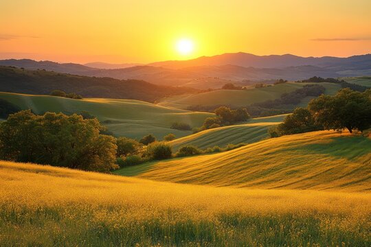 Golden sunset over rolling hills, where the setting sun casts a warm glow on the landscape, creating a serene and picturesque view. - Powered by Adobe