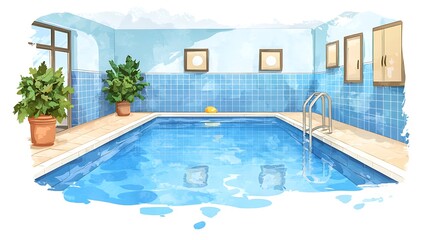 Fototapeta premium Serene Indoor Swimming Pool with Blue Tiles and Potted Plants.