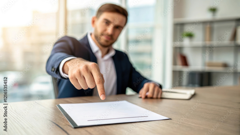 Poster businessman pointing to empty document on table in office setting, conveying urgency and focus