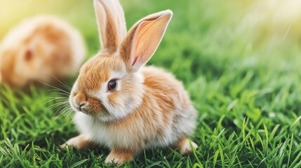 A close-up of a fluffy brown rabbit sitting on lush green grass under warm sunlight, creating a cheerful and vibrant springtime atmosphere