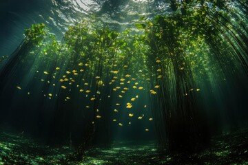 Obraz premium Sunbeams illuminate a school of yellow fish swimming beneath a lush underwater forest.