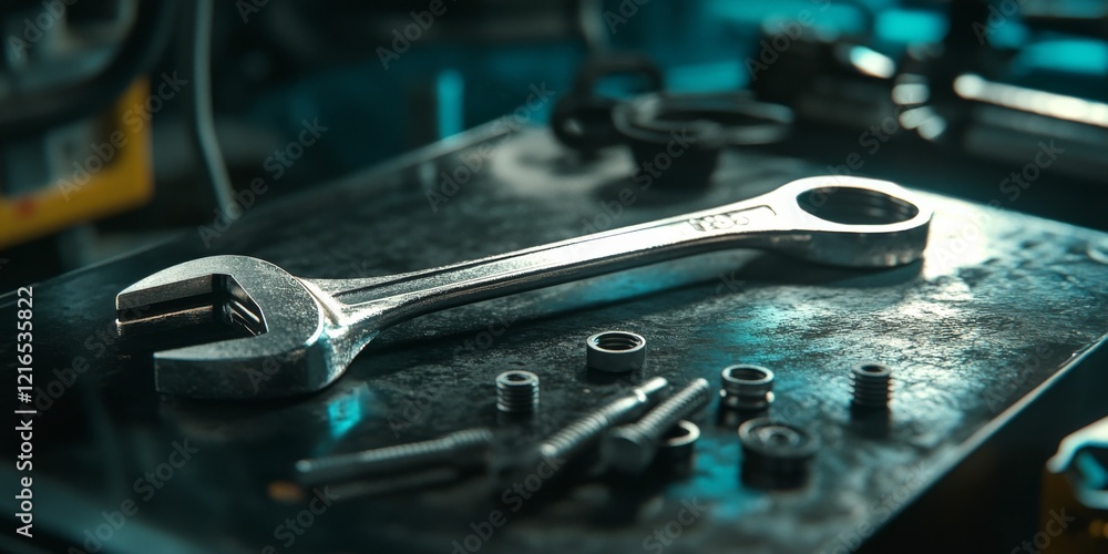Poster a close-up image of a shiny wrench resting on a workbench. surrounding tools and nuts reflect a mech
