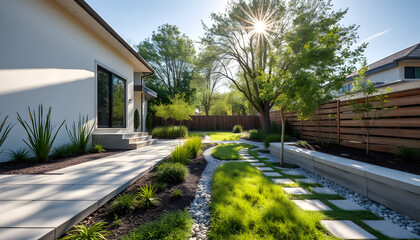 Modern drainage system integrated into landscape design with permeable surfaces and bioswales