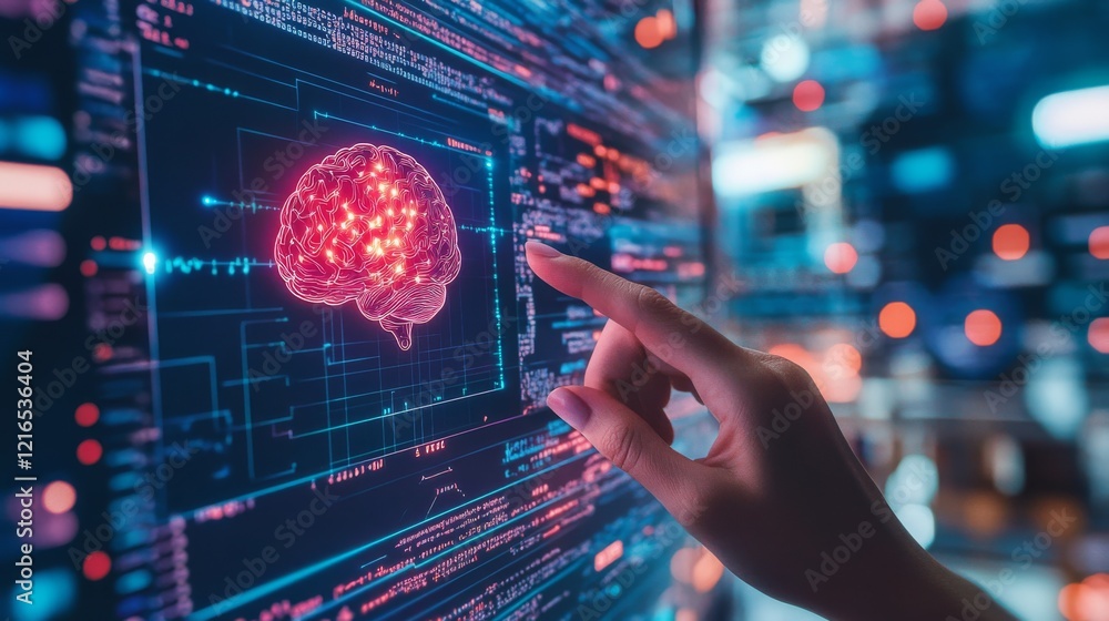 Poster artificial intelligence and medical science concept, hand interacting with digital brain hologram on