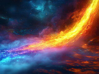 Fototapeta premium Surreal fiery river flows across a dark, mystical landscape. Vibrant orange and blue hues create a dramatic, otherworldly scene.