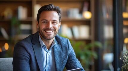 Obraz premium Smiling man in a blue blazer sits in a modern cafe. He looks confident and approachable.