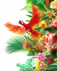 A vibrant parrot among colorful tropical flowers and lush greenery.