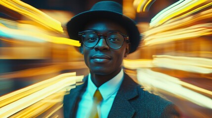 Stylish young Black man in a fedora and glasses, standing in a vibrant, blurred city nightscape.  The image captures a feeling of urban energy and sophistication.