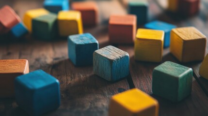 Fototapeta premium Building blocks arranged on a wooden table. Featuring colorful blocks in various shapes. Highlighting creative play and learning. Ideal for educational articles.