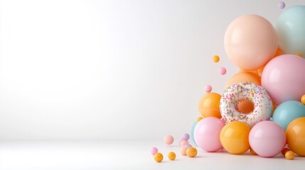 Fototapeta premium Colorful balloons and donut a playful background for events or celebrations. Generative AI