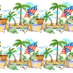 Rest on a paradise beach, concept of rest and relaxation, endless border, watercolor illustration isolated on white background, for invitations, parties, menus and wrapping paper.
