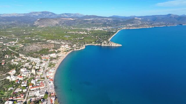 Aerial footage of the sea side village of Tolo, Greece