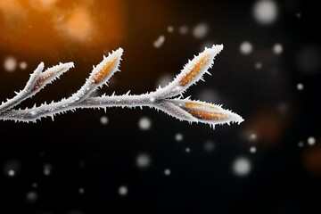 Naklejka premium A close-up of frosted tree branches covered in delicate ice crystals, illuminated by warm light against a dark background, capturing the serene beauty of winter