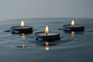 Floating candles create a tranquil ambiance on a serene body of water with perfect lighting and detailed reflections