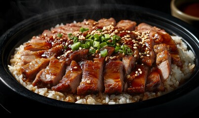 Forced perspective image of Spicy Korean Style BBQ Pork served on Rice