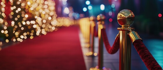 red carpet event with gold stanchions and velvet ropes, blurred christmas lights in background