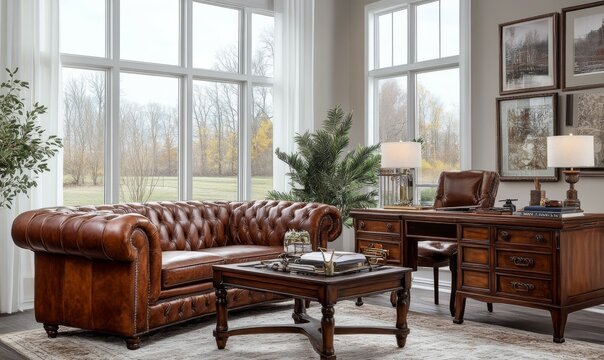 Elegant study with classic leather furniture and large windows in a serene setting