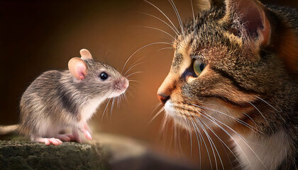 Intense close-up of a curious house mouse facing a tabby cat.