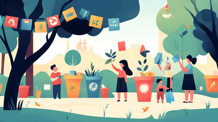 A vibrant outdoor park scene on Global Recycling Day, with families and volunteers placing plastic, glass, and paper into brightly colored recycling bins. Banners with environmental themes hang on