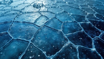 Closeup view of cracked ice surface. Textured pattern of fractured ice panels. Blue tones, white highlights create beautiful abstract design. Frozen water surface appears like cold, crystal