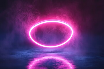 Obraz premium Neon pink ring illuminates misty surroundings, reflecting on wat