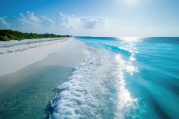 Naklejka premium Calm shoreline with gentle waves lapping against soft, white san
