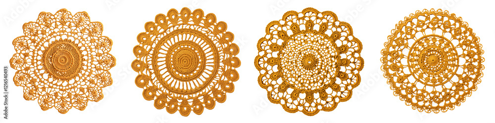 Poster mesmerizing kaleidoscopic mandala patterns in vibrant shades of orange with intricate repeating geom
