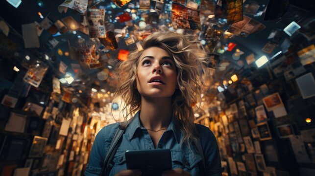Overwhelming information data explode out of head of young human brain, too much media, too much information, maximalism, news, social media addiction. 