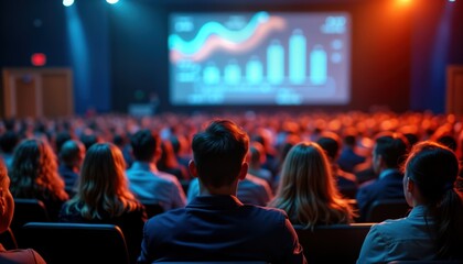 Large audience attending conference exhibition. Attendees listen to presentation on screen. Event management evident. People sit in large hall. Many people gathered. Big screen shows data graphics.