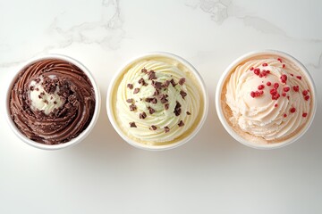 Rich flavors of ice cream in three cups, showcasing unique toppi