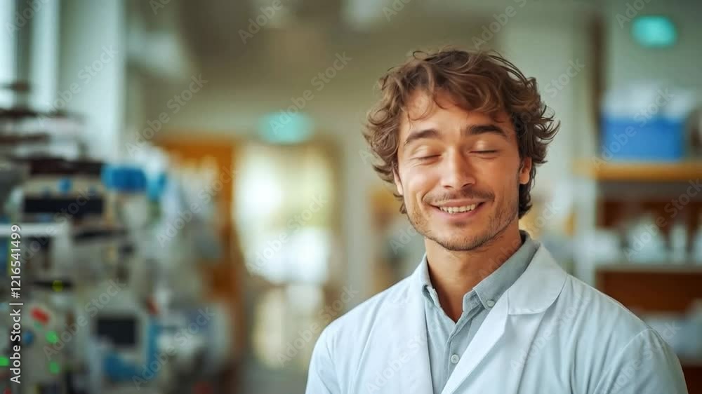 Poster a smiling healthcare professional in a lab coat stands in a well-equipped hospital environment. the 
