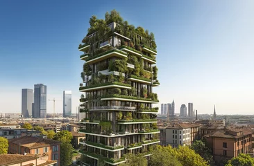 Gordijnen A green building with balconies filled with trees and plants  © 수동 김