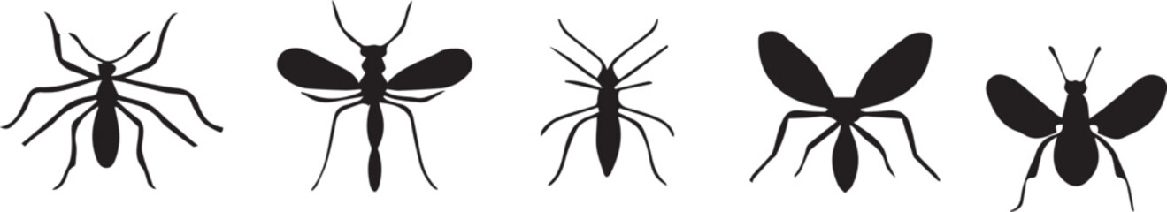 A set of insects silhouettes for flat design. Hand drawn vector illustration