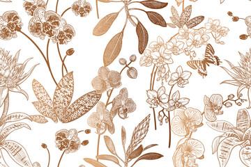 Gold orchids garden. Seamless flower Vintage pattern. Vector