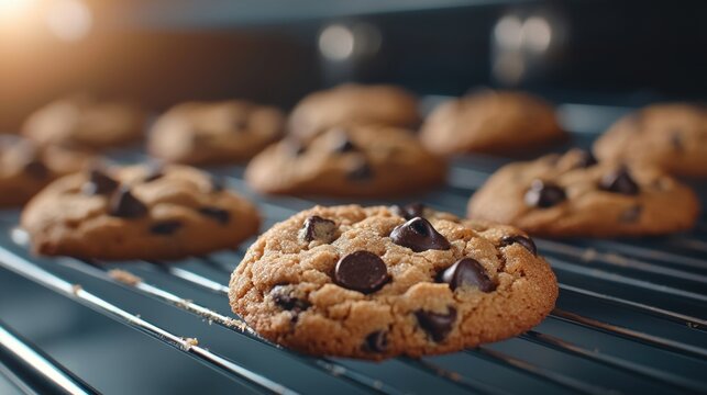 Freshly baked chocolate chip cookies cooling on a rack