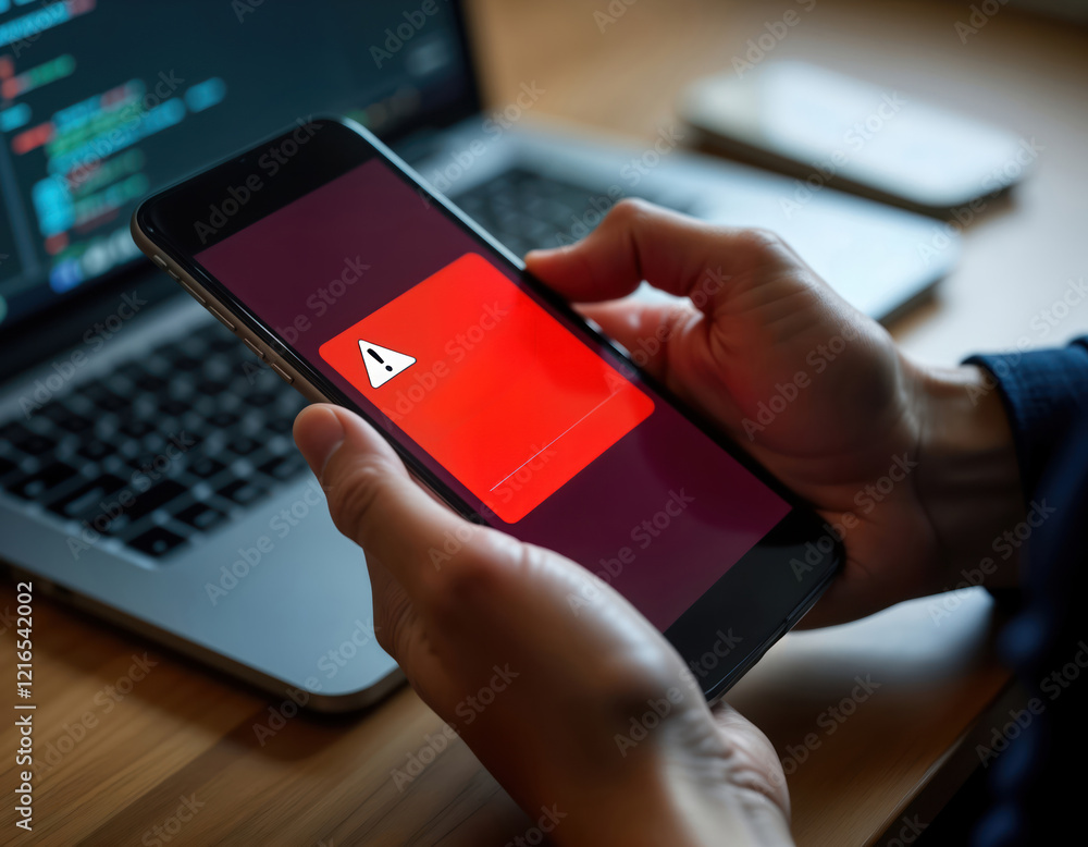 Leinwandbilder Person holds smartphone displaying red alert message. Mobile phone screen shows warning about possible malware hacking. Possible scam phishing attempt on text message email. Person probably concerned