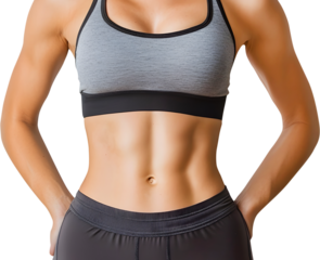 Fit woman in sportswear confidently showing abs.