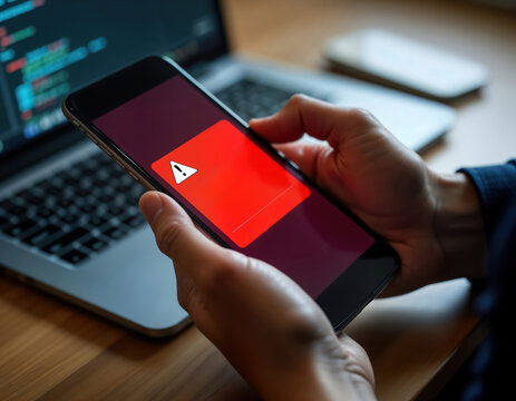 Person holds smartphone displaying red alert message. Mobile phone screen shows warning about possible malware hacking. Possible scam phishing attempt on text message email. Person probably concerned