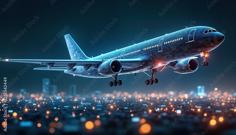 Poster futuristic airplane hovering above city at night. tech details shown on plane. modern design. advanc