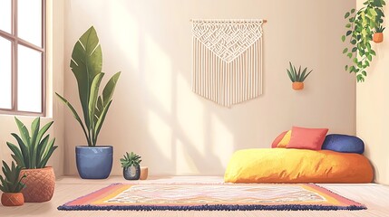 Cozy Bohemian Room Interior with Plants and Macrame Wall Hanging.