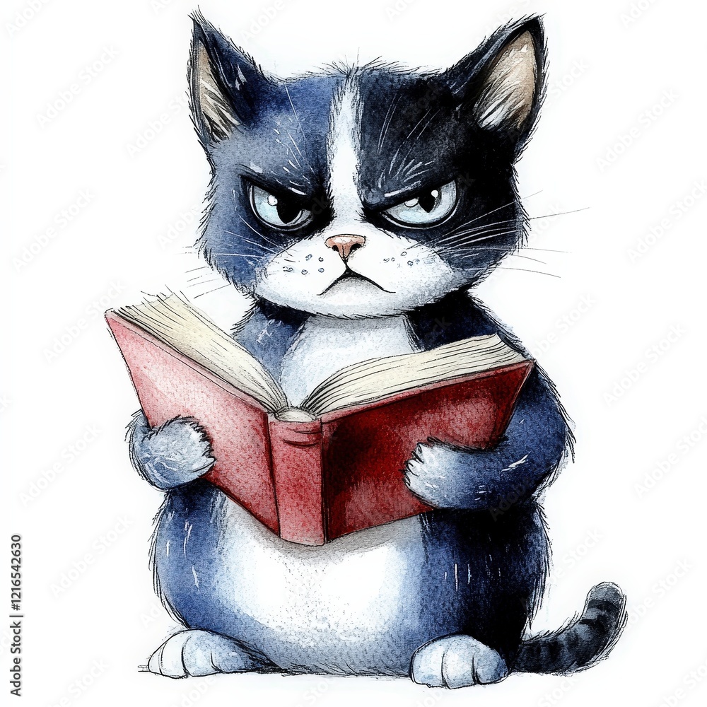 Poster grumpy cat reading a book with intense expression in blue and white colors