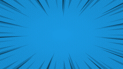 Fototapeta premium blue comic background with rays and halftone dots. Vector illustration.