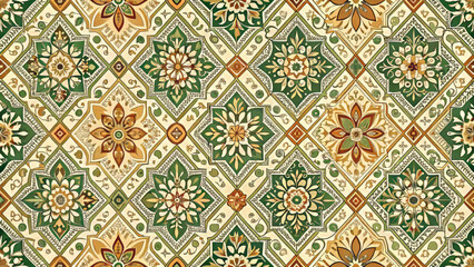 Elegant earthy patterns with floral designs in green and beige tones
