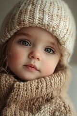 Soft, warm portrait of child in cozy knitted attire, exuding inn