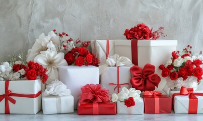 Festively wrapped gifts in vibrant red and white arranged for a special occasion