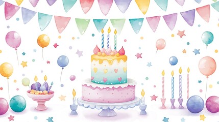 Watercolor Birthday Cake with Balloons and Bunting.