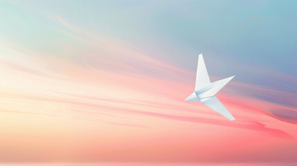 Paper Airplane Soaring Through a Dreamy Sunset Sky