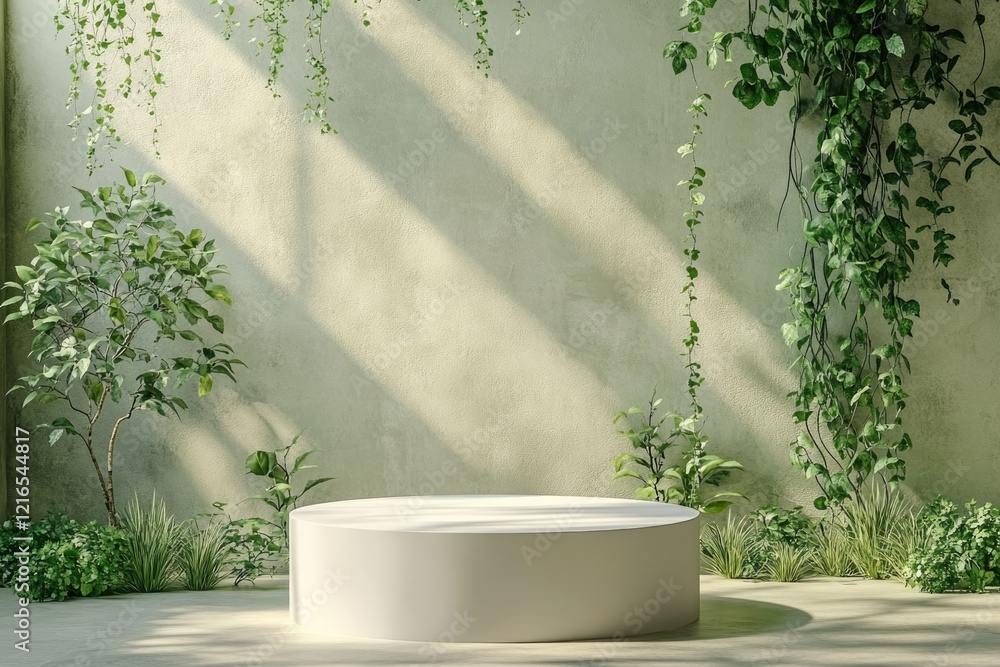 Poster minimalist space features circular display platform surrounded b