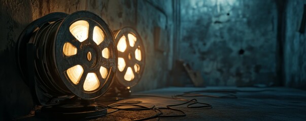 Film reels and light create an evocative atmosphere in a dark setting