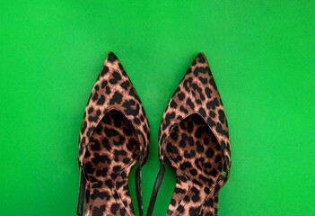 Leopard print high heel shoes on green background. Flat lay, top view, overhead